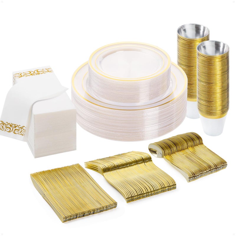 BESTVIP 175PCS Clear Gold Disposable Dinnerware Set for 25 Guests Plastic Plates for Party Wedding Include 50Plastic Plates 25 Gold Silverware 25 Cups 25 Napkins