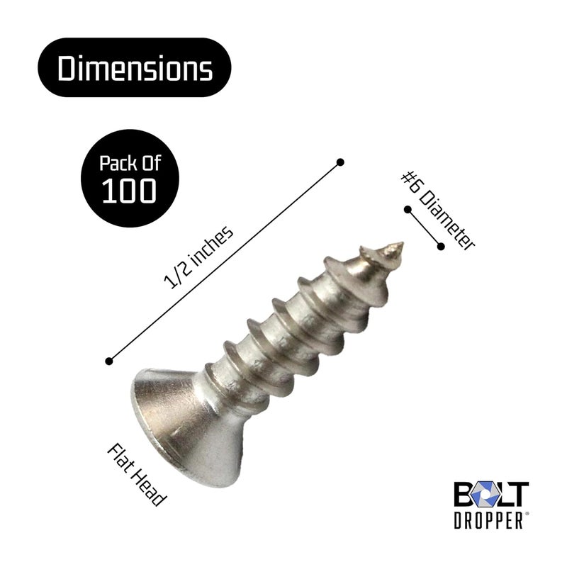 Bolt Dropper #6 x 1/2'' Stainless Steel Flat Head Phillips Wood Screw (100 Pack), 18-8 (304) Stainless Steel Sheet Metal Screws - Type A Point, Plain Finish - Image 3