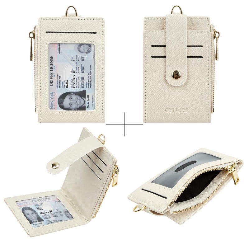 Cynure حامل بطاقات جلدية للنساء من سينور، مضاد لتقنية RFID، نحيف وصغير، مع سحاب، سلسلة مفاتيح، محفظة جيب أمامية مع نافذتين للهوية، بيج - Image 2