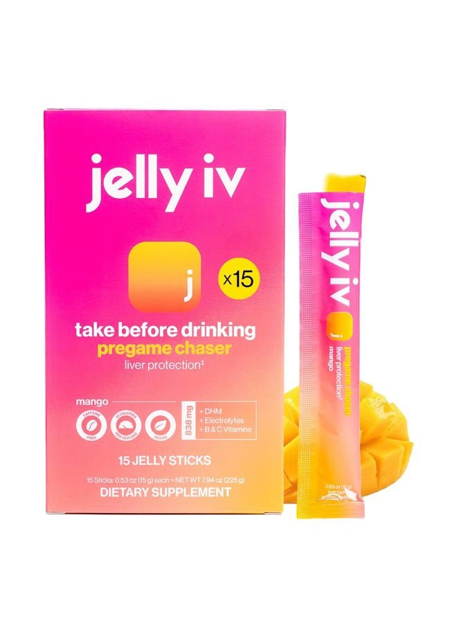 Jelly IV عصا مكملات تخفيف الصباح السريع من جيلي IV - إلكتروليتات طبيعية ودعم استعادة الكبد - تقليل الغثيان DHM - فيتامينات B - عصي جيلي بنكهة نباتية - 15 عبوة - Image 1