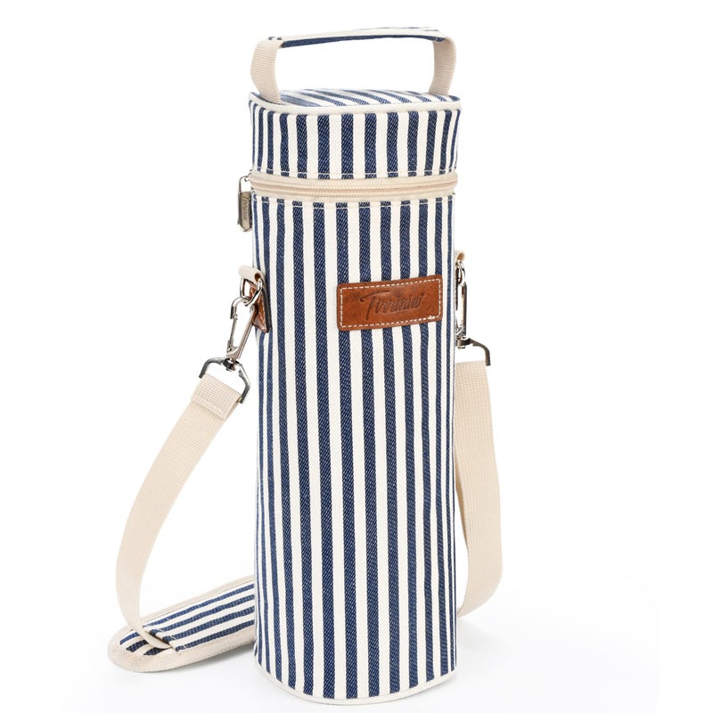 Tirrinia Single Wine Cooler Bags - Insulated & Padded Portable Wine Gift Tote Carrier for Travel, BYOB Restaurant, Wine Tasting, Party, Great Gift for Wine Lover, Blue Stripe - Image 1