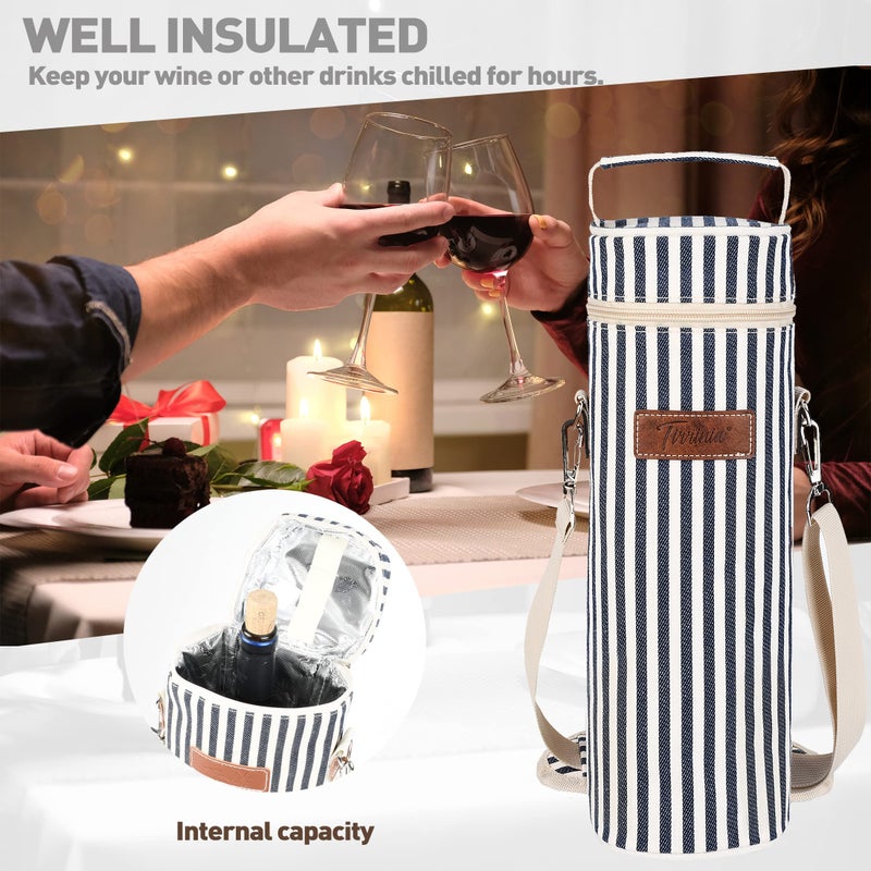 Tirrinia Single Wine Cooler Bags - Insulated & Padded Portable Wine Gift Tote Carrier for Travel, BYOB Restaurant, Wine Tasting, Party, Great Gift for Wine Lover, Blue Stripe - Image 4