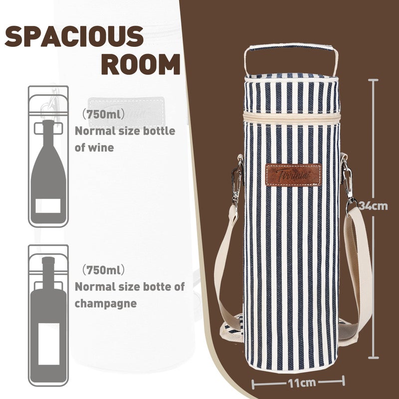 Tirrinia Single Wine Cooler Bags - Insulated & Padded Portable Wine Gift Tote Carrier for Travel, BYOB Restaurant, Wine Tasting, Party, Great Gift for Wine Lover, Blue Stripe - Image 3