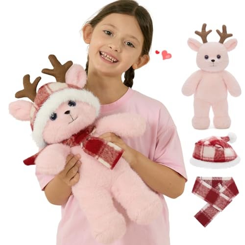 MorisMos Pink Deer Stuffed Animal 16 Big Stuffed Reindeer Plush Toy with Santa Hat Carf Cute elk Deer Toy for Girl boy Kid Birthday Gift Soft Christmas Plush elk Decor - Image 1