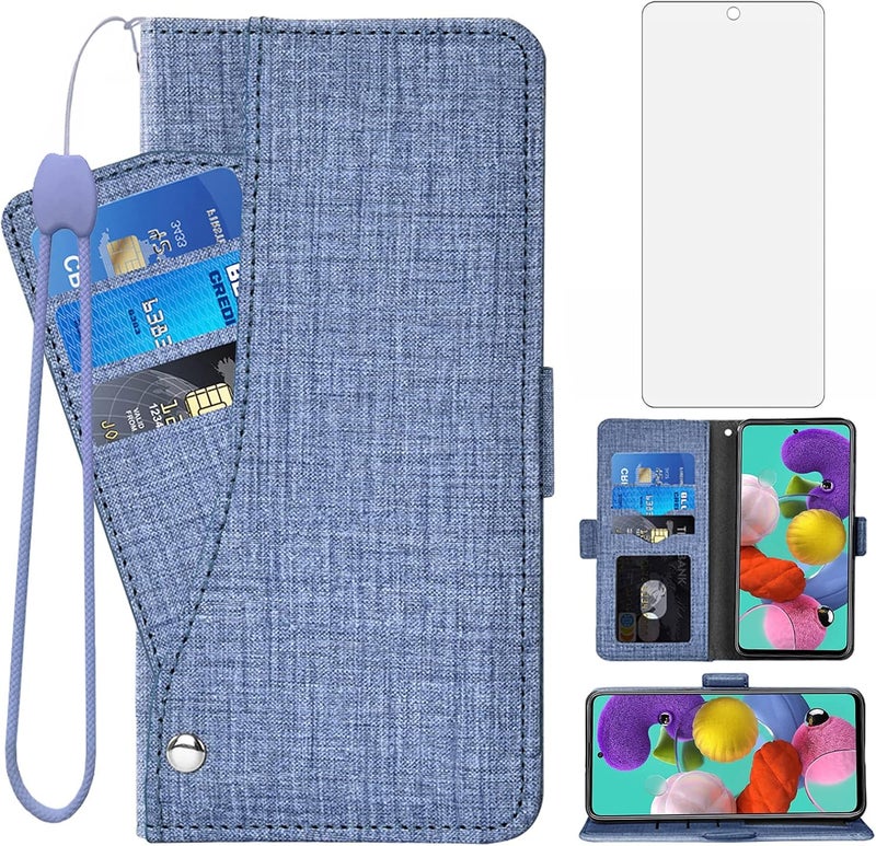 Asuwish Compatible With Samsung Galaxy A51 4G Wallet Case Tempered Glass Screen Protector And Leather Flip Cover Card Holder Cell Phone Cases For Glaxay A 51 Gaxaly M40S 51A A515F S51 Women Men Blue - Image 1