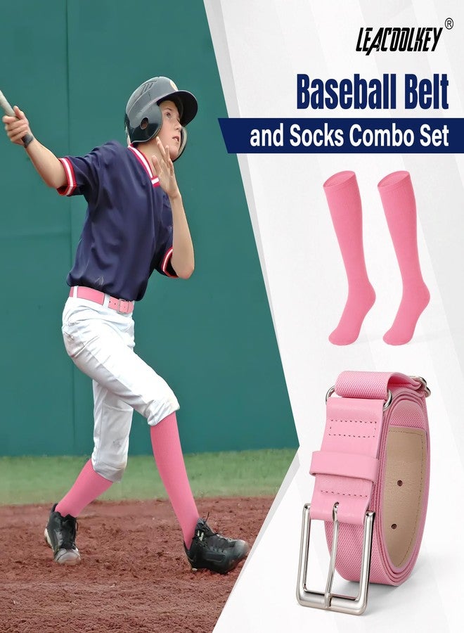 LEACOOLKEY Baseball Belt and Socks Combo Set Softball Socks and Elastic Belt for Adult Men Women Light Pink - Image 2