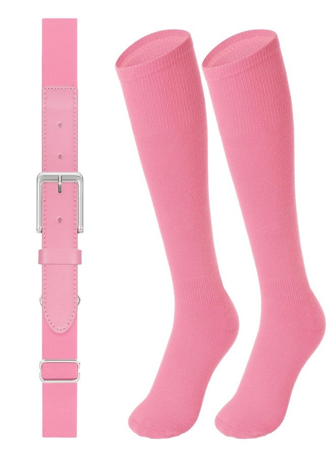 LEACOOLKEY Baseball Belt and Socks Combo Set Softball Socks and Elastic Belt for Adult Men Women Light Pink - Image 1