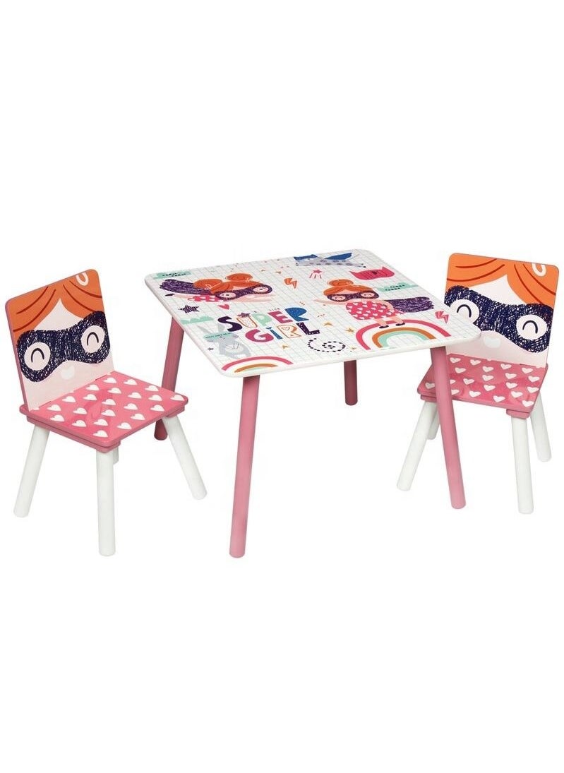 Home Elements - Super Girl Design Kids Wood Multi Functional Learning Study Table and 2 Chair Set Durable and Sturdy - Image 1