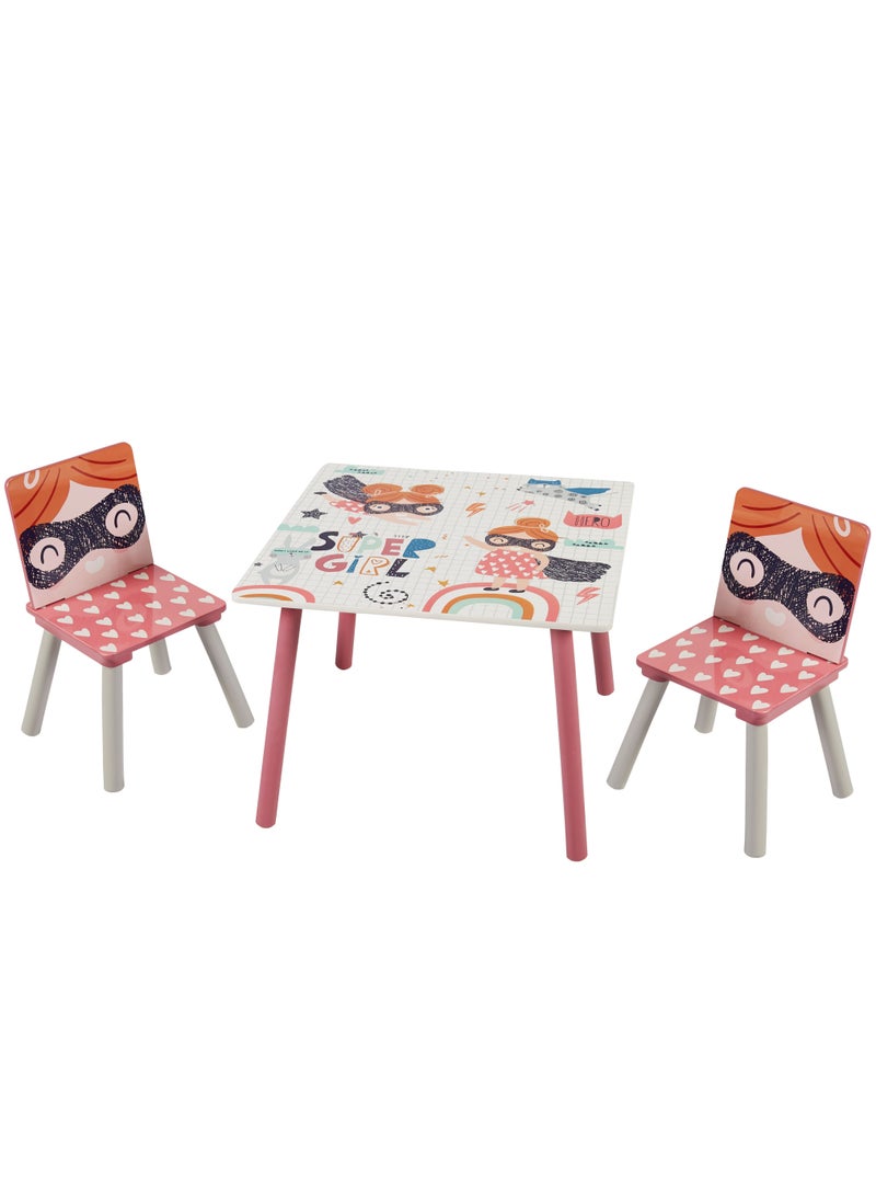 Home Elements - Super Girl Design Kids Wood Multi Functional Learning Study Table and 2 Chair Set Durable and Sturdy - Image 1