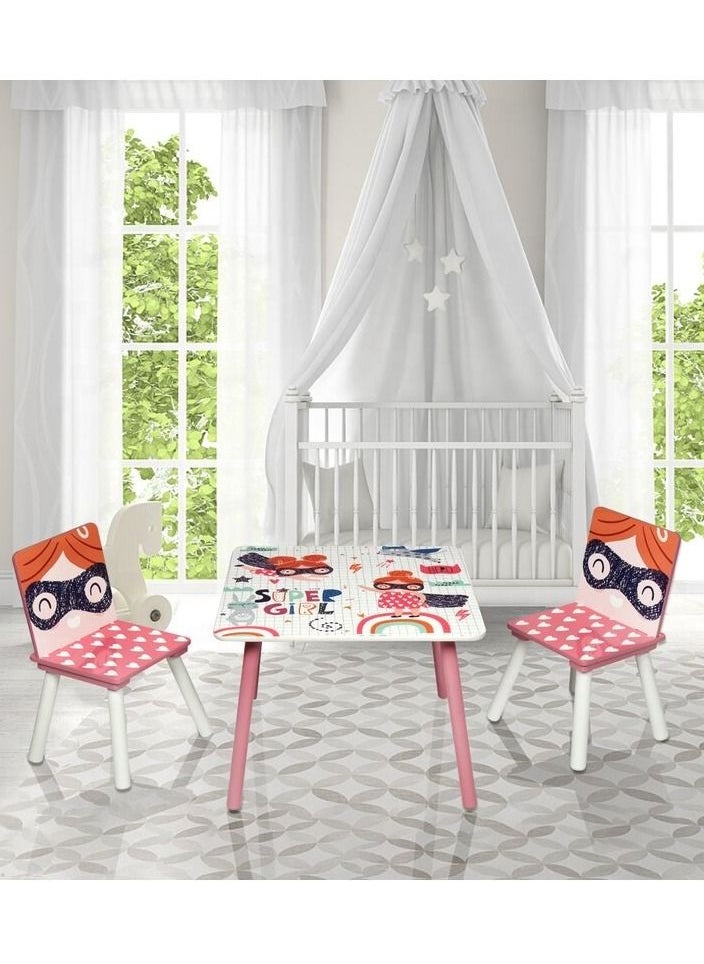 Home Elements - Super Girl Design Kids Wood Multi Functional Learning Study Table and 2 Chair Set Durable and Sturdy - Image 1