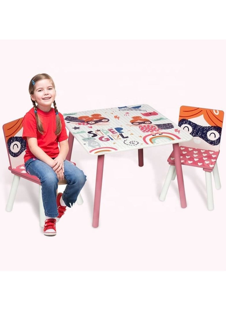 Home Elements - Super Girl Design Kids Wood Multi Functional Learning Study Table and 2 Chair Set Durable and Sturdy - Image 1