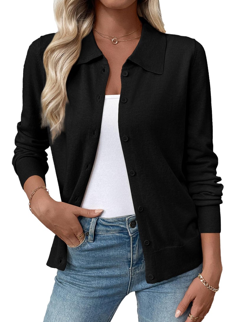 EVALESS Cardigan Sweaters for Women Lightweight Trendy Long Sleeve Lapel Collar Button Down Sweaters Spring Fashion 2026 Wool Blend Knit Cardigans Sweater Tops Spring Outfits Black XX-Large - Image 1