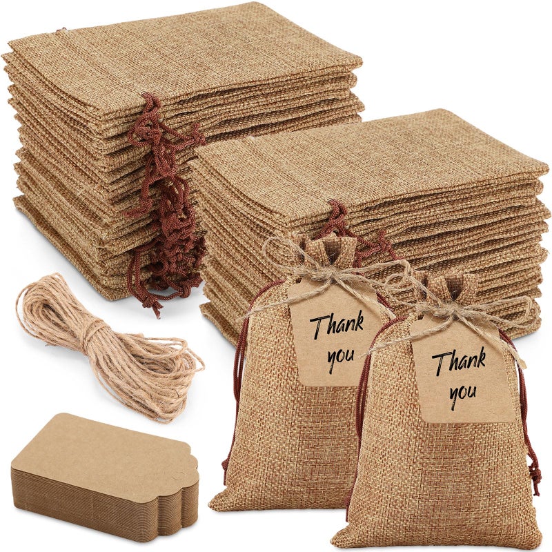 Woanger 100 Pcs Burlap Gift Bags with 100 Pcs Kraft Paper Gift Tags with Drawstring Favor Bulk Burlap Sack Bags for DIY Wedding Party Craft3 x 4 InchDark Brown