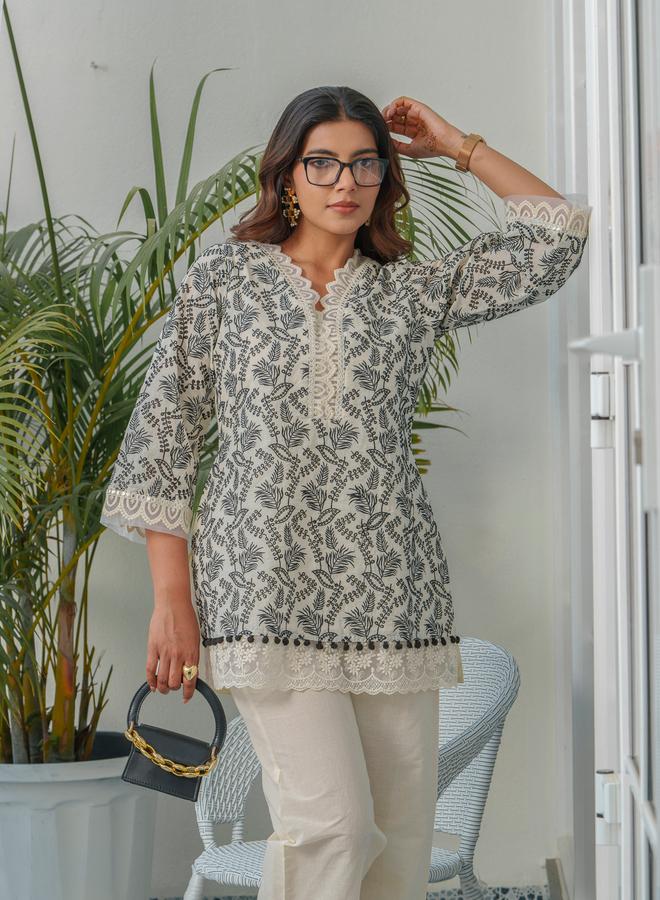 DW Embroidered V-Neck Pure Cotton Tunic and Trousers Co-Ords - Image 2
