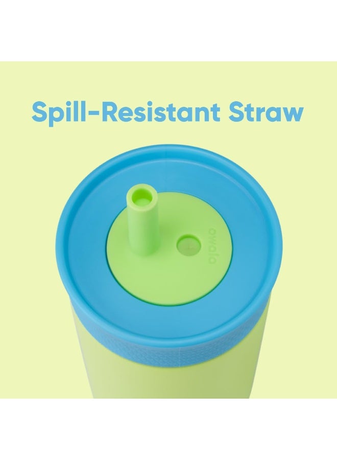Owala Kids Insulated Stainless Steel Tumbler 12oz with Straw, Leakproof Silicone Sleeve Cup Portable Sport Water Bottle for Children (Blue and Light Green) - Image 3