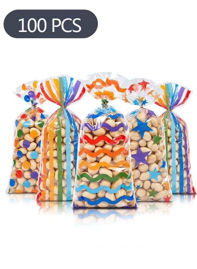 Ant 100 Piece Colorful Treat Bags, Five-pointed Star Stripes Printed Pattern Candy Favor Bags with Twist Ties, Chocolate Small Treat Birthday Party Supplies, 4 Styles - Image 1