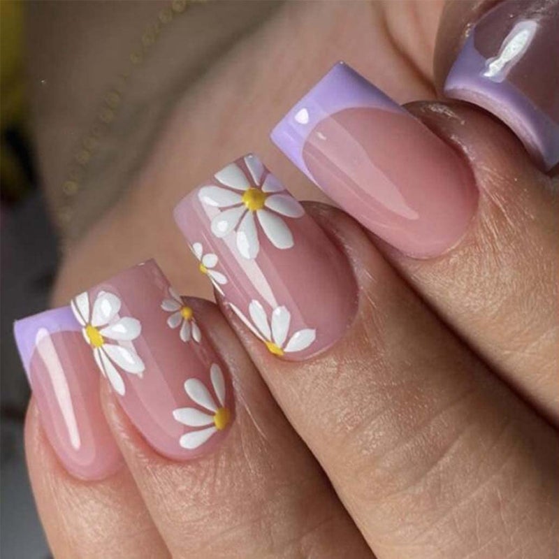 Foccna French Tip Press on Nails Medium, Purple Fake Nails Square Acrylic False Nails Flower Design,Artificial Nails for Women and Girls, 24 pcs - Image 1