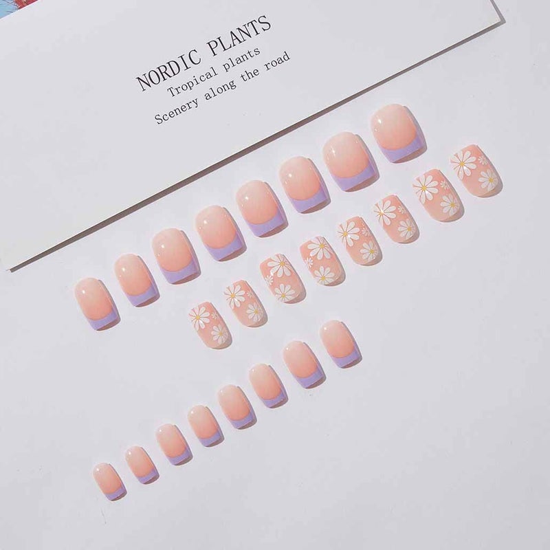 Foccna French Tip Press on Nails Medium, Purple Fake Nails Square Acrylic False Nails Flower Design,Artificial Nails for Women and Girls, 24 pcs - Image 2