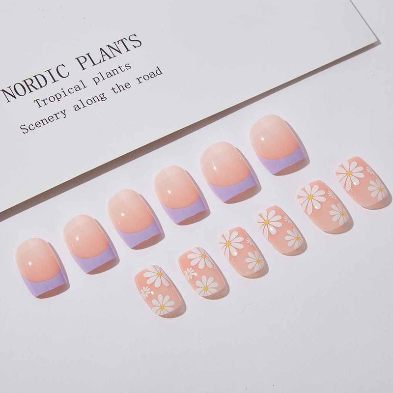 Foccna French Tip Press on Nails Medium, Purple Fake Nails Square Acrylic False Nails Flower Design,Artificial Nails for Women and Girls, 24 pcs - Image 3