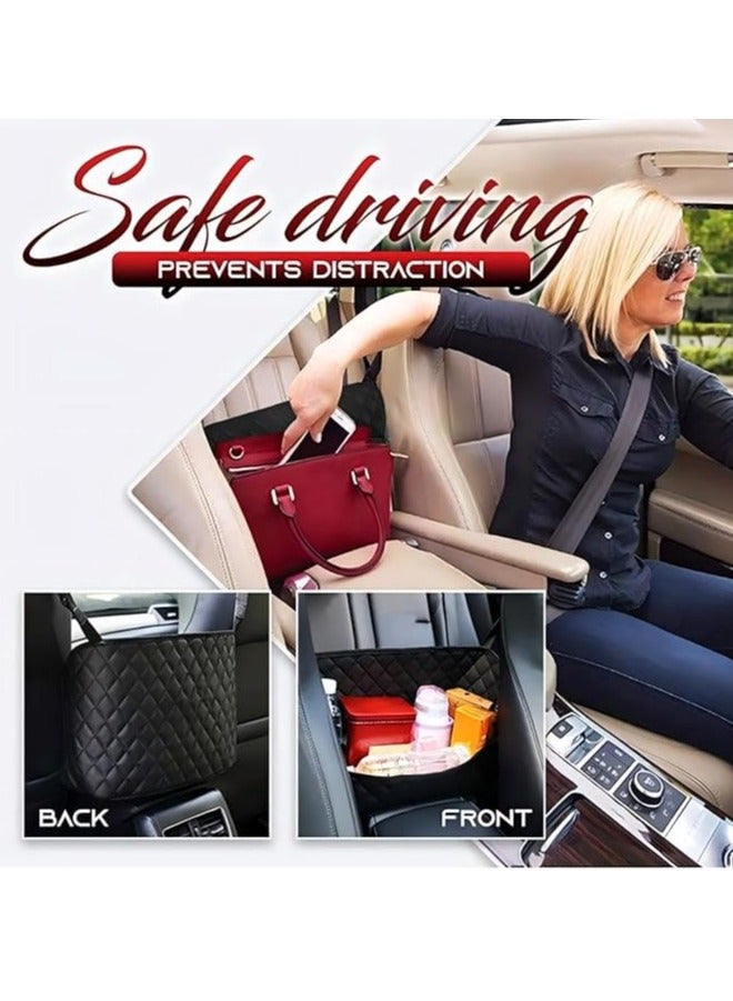 عربست حامل حقيبة يد على شكل شبكة للسيارة، حامل محفظة بين المقاعد، منظم ظهر المقعد الجلدي، حقيبة شبكية كبيرة السعة - Image 2