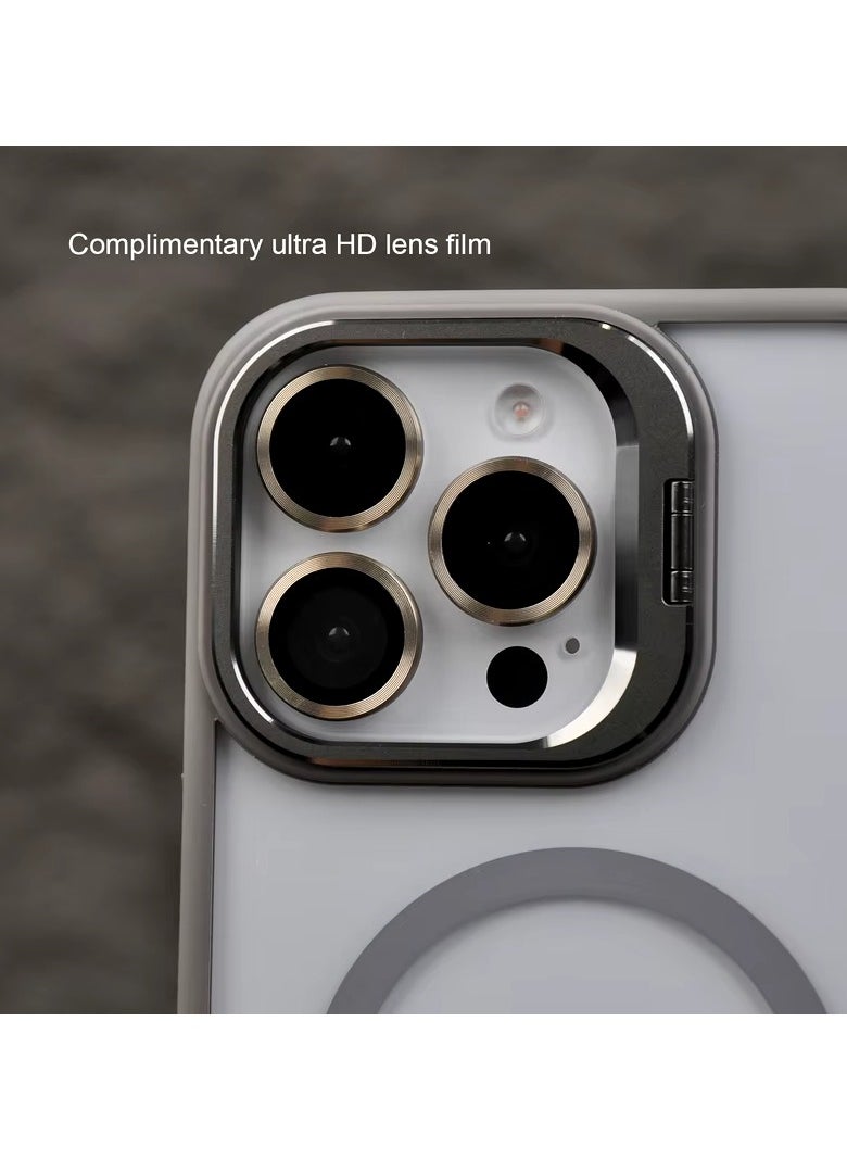 Generic - Folding Camera Bracket Matte Magnetic Case for iPhone 15 Pro Max, Wireless Charging with Lens Film Shock-proof Cover, Natural Titanium - Image 1