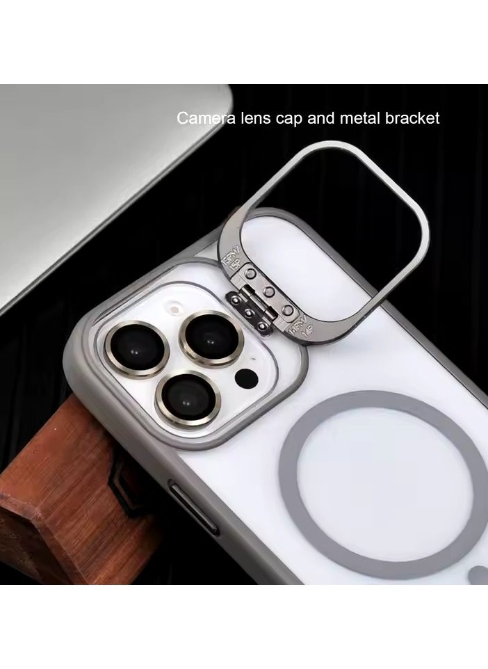 Generic - Folding Camera Bracket Matte Magnetic Case for iPhone 15 Pro Max, Wireless Charging with Lens Film Shock-proof Cover, Natural Titanium - Image 1