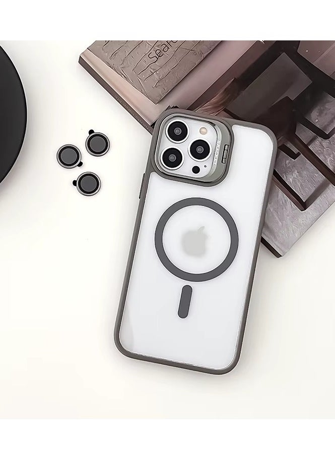 Generic - Folding Camera Bracket Matte Magnetic Case for iPhone 15 Pro Max, Wireless Charging with Lens Film Shock-proof Cover, Natural Titanium - Image 1