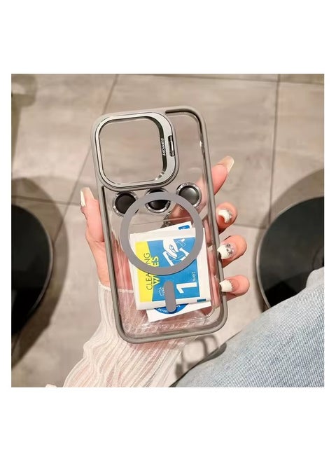 Folding Camera Bracket Matte Magnetic Case for iPhone 15 Pro Max, Wireless Charging with Lens Film Shock-proof Cover, Natural Titanium