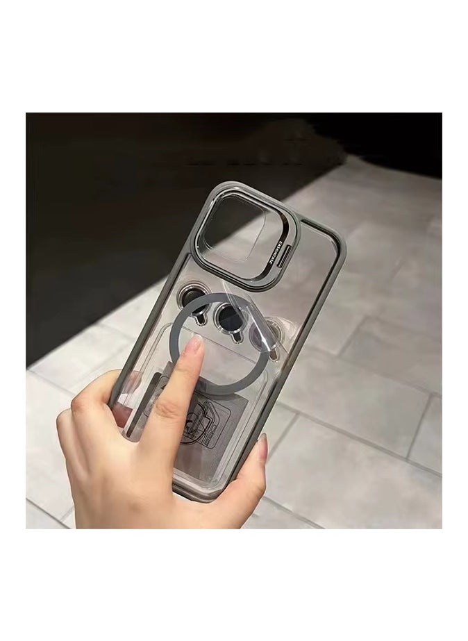 Generic - Folding Camera Bracket Matte Magnetic Case for iPhone 15 Pro Max, Wireless Charging with Lens Film Shock-proof Cover, Natural Titanium - Image 1