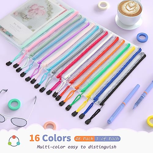 Umriox 48pcs Small Zipper Pouch, Mesh Bags with Zipper, 9.5" x 7.1"/A5 Size 16 Color Pencil Pouches, Storage Bags for Puzzles, Office and Travel Supplies - Image 2