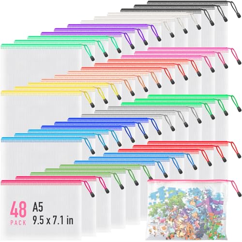 Umriox 48pcs Small Zipper Pouch, Mesh Bags with Zipper, 9.5" x 7.1"/A5 Size 16 Color Pencil Pouches, Storage Bags for Puzzles, Office and Travel Supplies - Image 1
