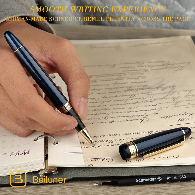 BEILUNER 319 Piano Blue Lacquer Rollerball - Stunning Luxury Pen with 24K Gold, Heavy, Schneider Black Ink Refill, Best Gift Set for Men & Women, Professional, Executive Office, Fancy Classic Pens - Image 4