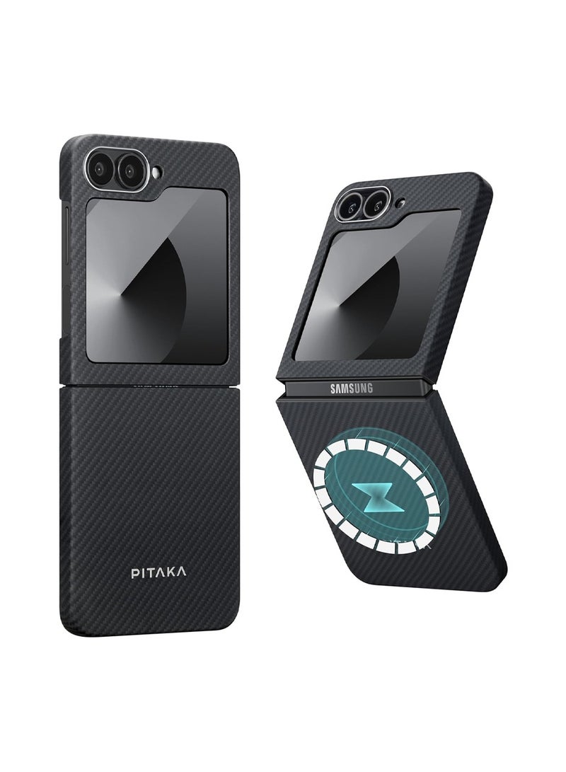 PITAKA pitaka for Z Flip 6 Case, Slim & Light Magnetic Galaxy Z Flip 6 Case with a Case-Less Touch Feeling, 600D Aramid Fiber Made MagEZ Case 5 - Black/Grey(Twill)  - Image 1