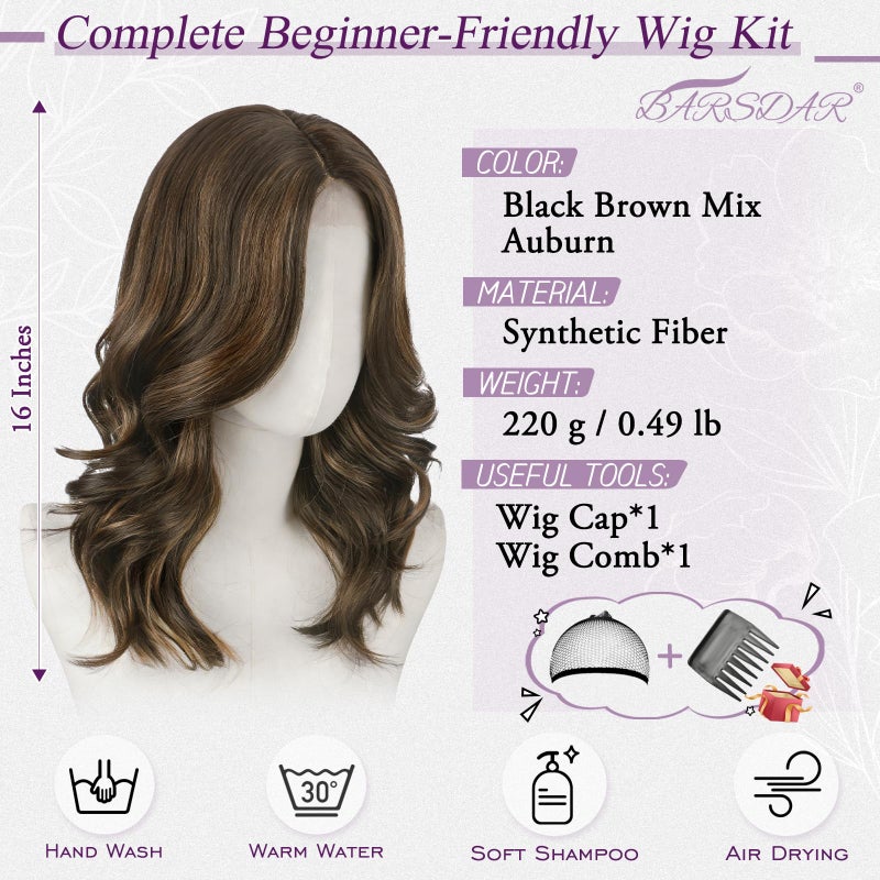BARSDAR Short Wavy Brown Highlight Wig - Shoulder Length Wavy Layered Wigs for Women - Short Body Wave Layered Curtain Bangs Wig Soft Synthetic Natural Looking Daily Party, Black Brown Mix Auburn - Image 2