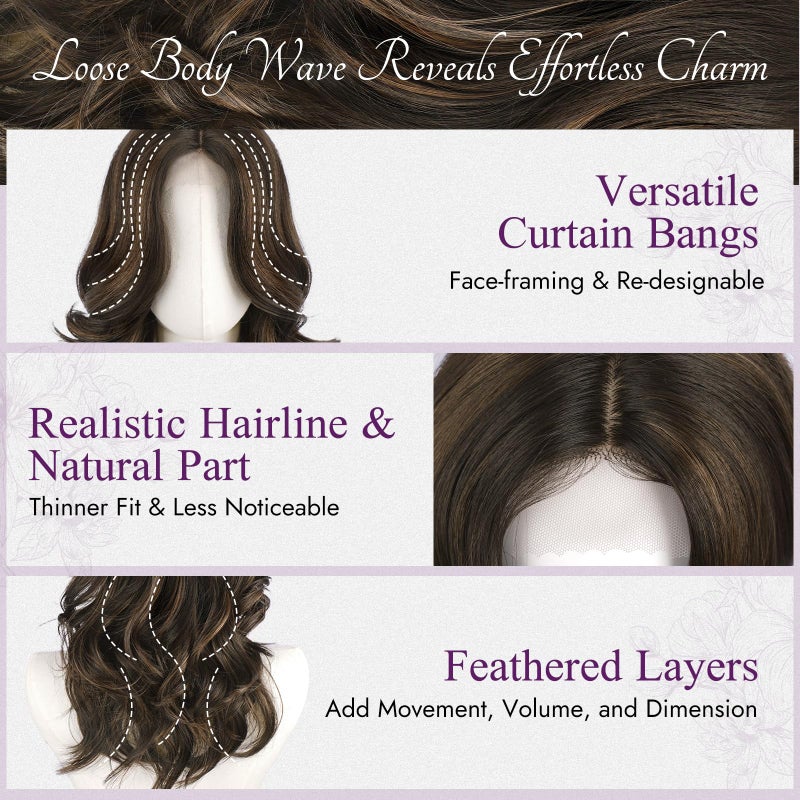 BARSDAR Short Wavy Brown Highlight Wig - Shoulder Length Wavy Layered Wigs for Women - Short Body Wave Layered Curtain Bangs Wig Soft Synthetic Natural Looking Daily Party, Black Brown Mix Auburn - Image 3