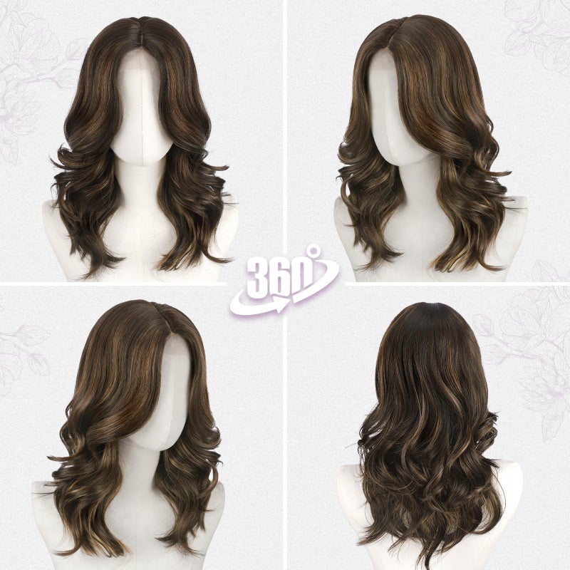 BARSDAR Short Wavy Brown Highlight Wig - Shoulder Length Wavy Layered Wigs for Women - Short Body Wave Layered Curtain Bangs Wig Soft Synthetic Natural Looking Daily Party, Black Brown Mix Auburn - Image 5