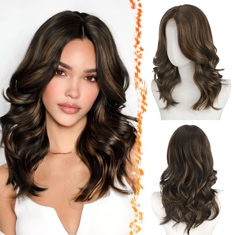 BARSDAR Short Wavy Brown Highlight Wig - Shoulder Length Wavy Layered Wigs for Women - Short Body Wave Layered Curtain Bangs Wig Soft Synthetic Natural Looking Daily Party, Black Brown Mix Auburn - Image 1