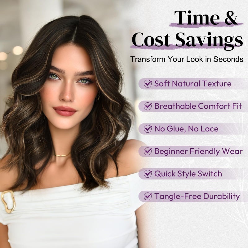 BARSDAR Short Wavy Brown Highlight Wig - Shoulder Length Wavy Layered Wigs for Women - Short Body Wave Layered Curtain Bangs Wig Soft Synthetic Natural Looking Daily Party, Black Brown Mix Auburn - Image 4
