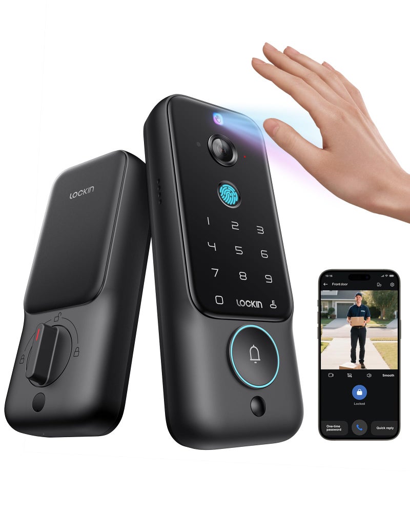 Lockin Veno Plus Smart Lock with 2K 180 Security Camera Video Doorbell AI Local Storage Palm VeinFingerprint Keyless Entry Door Lock Smart Locks for Front Door Bulit in WiFi App Control