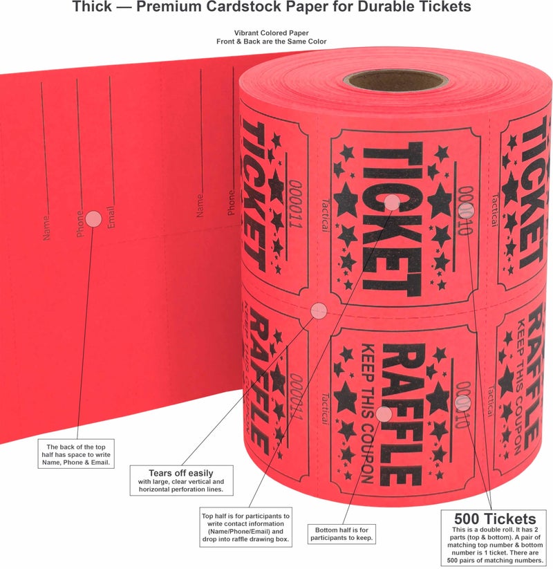 Tacticai 500 Raffle Tickets, Red (1 of 8 Colors), Double Roll, Large Ticket for Events, Entry, Class Reward, Fundraiser & Prizes - Image 2