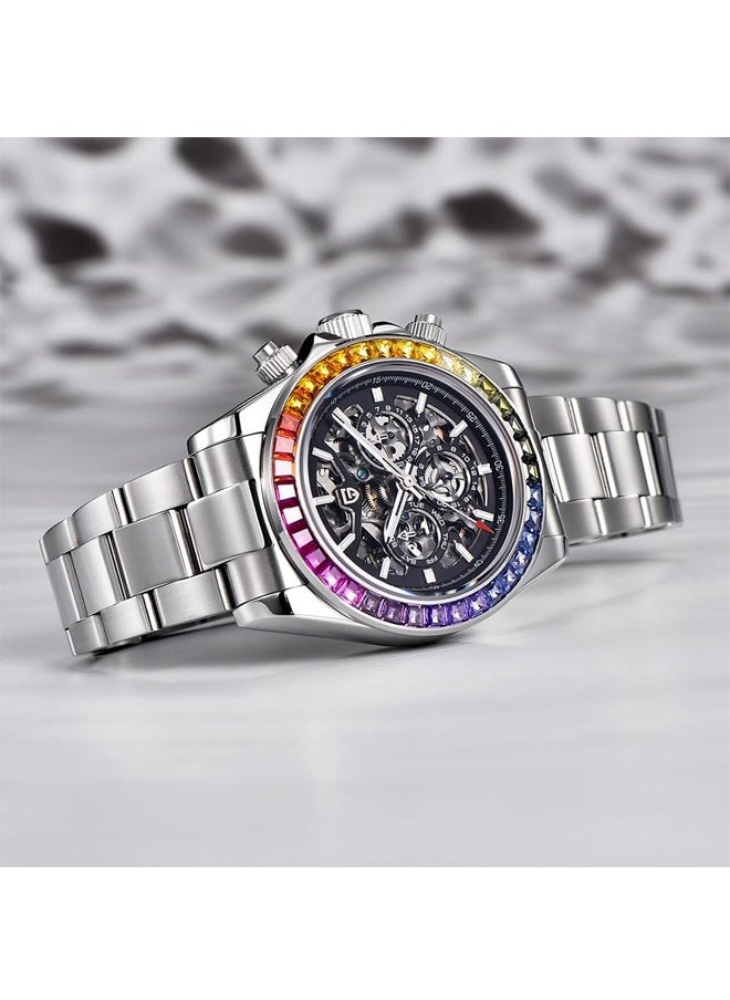 PAGANI DESIGN Men's Automatic Mechanical Watches, Mechanical Stainless Steel Frame, Rainbow Bezel, Stainless Steel Strap, Fashionable And Casual PD1777  - Image 5