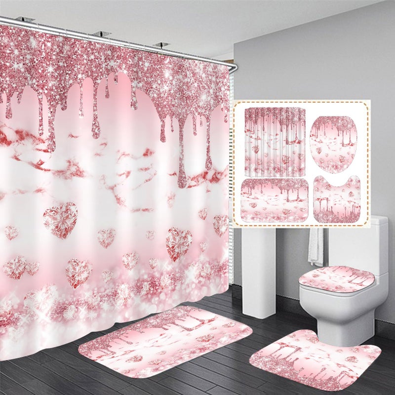 AZHM 4 Pcs Glitter Diamond Shower Curtain Sets Rose Gold Bathroom Decor Set with Shower Curtain and Rugs and Accessories Bling Modern Fashion Bathroom Curtain with 12 Hooks - Image 1