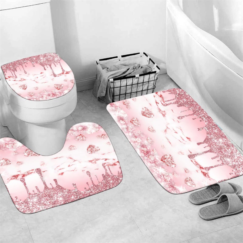 AZHM 4 Pcs Glitter Diamond Shower Curtain Sets Rose Gold Bathroom Decor Set with Shower Curtain and Rugs and Accessories Bling Modern Fashion Bathroom Curtain with 12 Hooks - Image 3
