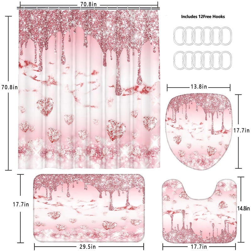 AZHM 4 Pcs Glitter Diamond Shower Curtain Sets Rose Gold Bathroom Decor Set with Shower Curtain and Rugs and Accessories Bling Modern Fashion Bathroom Curtain with 12 Hooks - Image 5