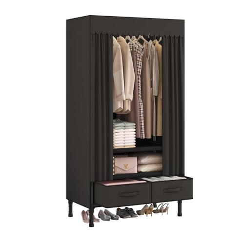 WEALTHYHEART Portable Closets for Hanging Clothes,Clothes Rack with Cover,Portable Wardrobe Closet with 1 Hanging Rods, 2 Storage Shelves and 2 Drawers,27.5" L x 17.7" W x 67.7" H,Black - Image 1