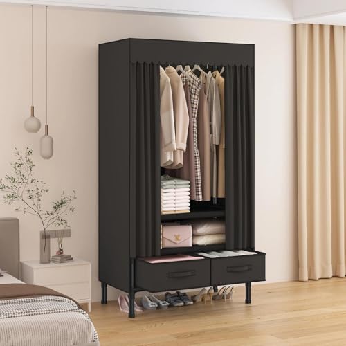 WEALTHYHEART Portable Closets for Hanging Clothes,Clothes Rack with Cover,Portable Wardrobe Closet with 1 Hanging Rods, 2 Storage Shelves and 2 Drawers,27.5" L x 17.7" W x 67.7" H,Black - Image 2