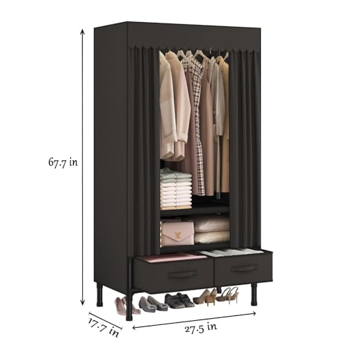 WEALTHYHEART Portable Closets for Hanging Clothes,Clothes Rack with Cover,Portable Wardrobe Closet with 1 Hanging Rods, 2 Storage Shelves and 2 Drawers,27.5" L x 17.7" W x 67.7" H,Black - Image 3