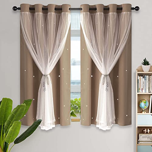 Kinryb Kids Blackout Curtains for Bedroom/Living Room/Classroom, Sheer Overlay Small 2 Panel Set, Double Layer Curtains with Star Cutout for Kids Room(W 52 x L 45 Inches,Coffe 2 Pcs) - Image 1