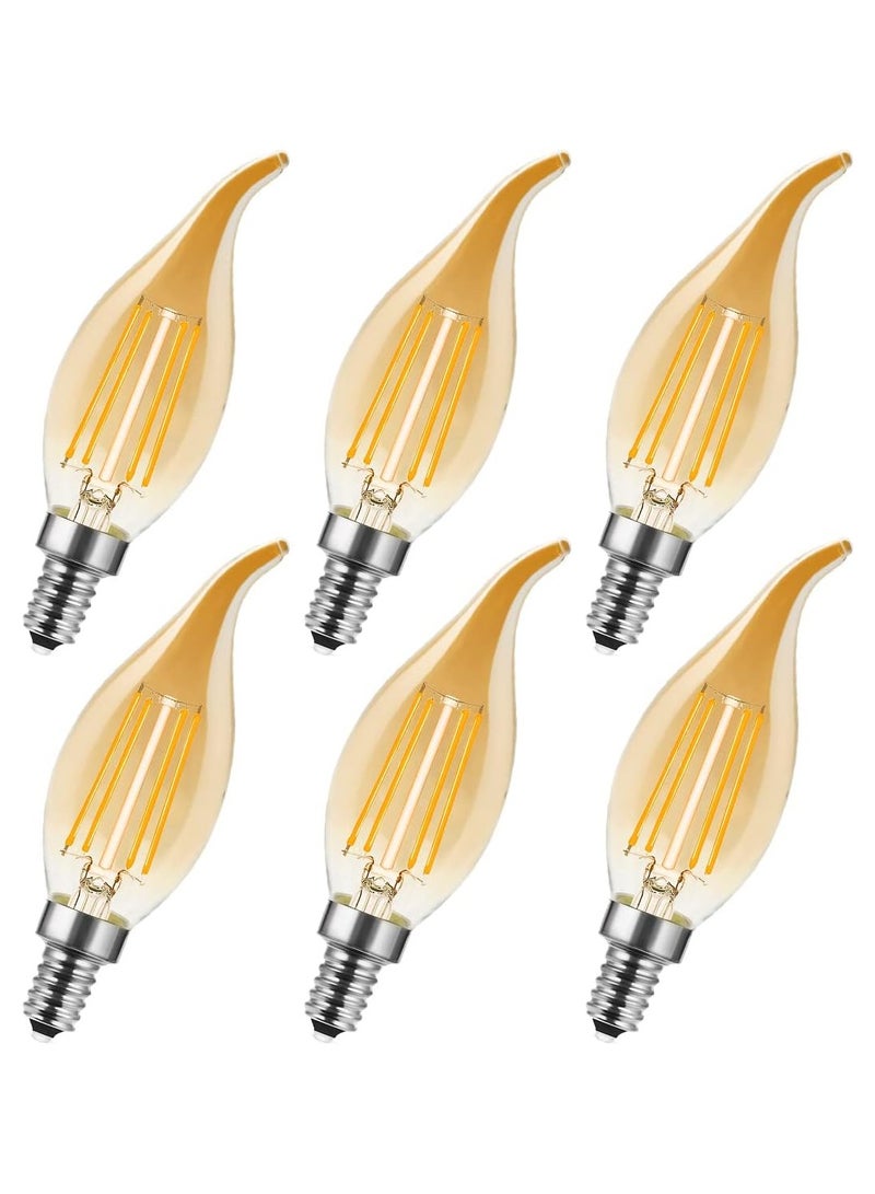 E14 مصباح LED على شكل شمعة عتيقة، E14 4 W لمبة على شكل شمعة بيضاء دافئة، 4 W ، مصباح شمعة ريترو للثريا، مصباح خيوط، 2700 ك، غير قابل للتعتيم، كهرمان، حزمة من 6