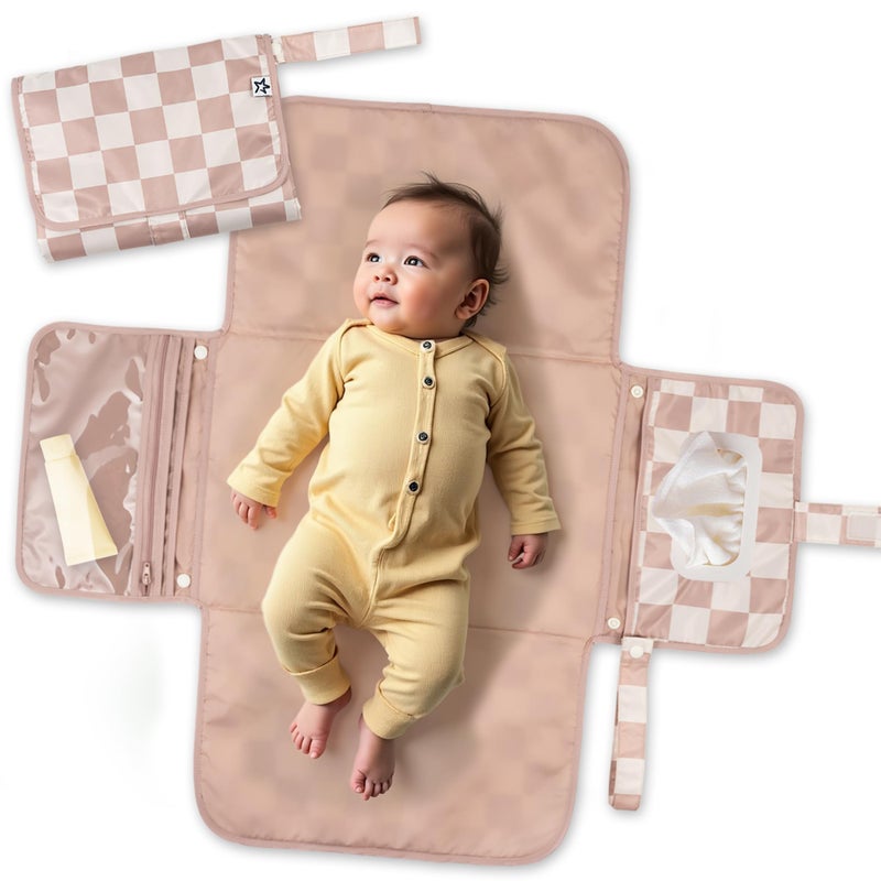 Tiny Twinkle Portable Diaper Changing PadFoldable Waterproof Changing MatPortable Changing Pad for TravelBaby Changing Station with Smart Wipes PocketStorage Beige Checkers